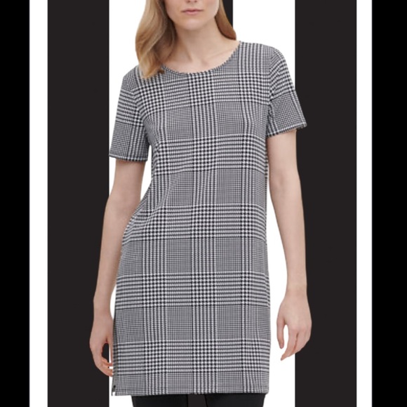 Calvin Klein Houndstooth Black White Short Sleeve Double Side Slit Long Tunic - Picture 1 of 8